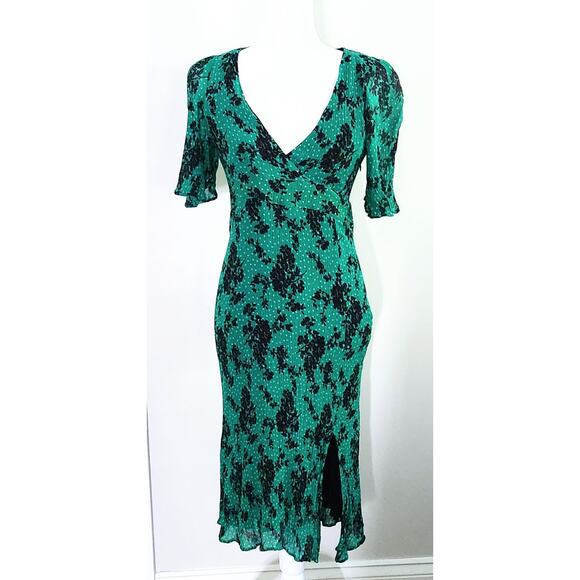 Caroll Paris Green Crinkle Floral Midi Dress Size 38 (US 6) Viscose Lined - Picture 5 of 12